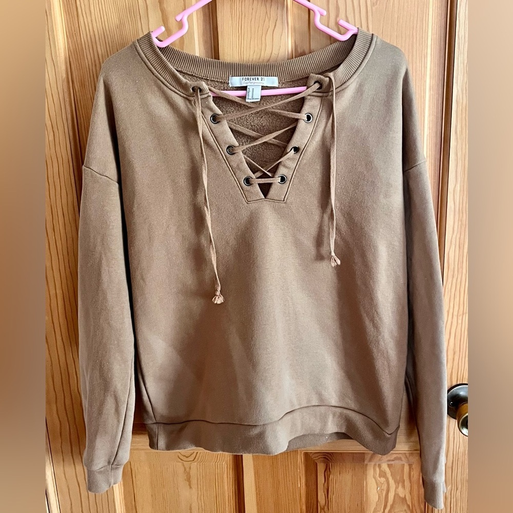 Forever 21 Tan Lace Up Sweatshirt M Boho Western Retro Fleece Pullover Top Hip